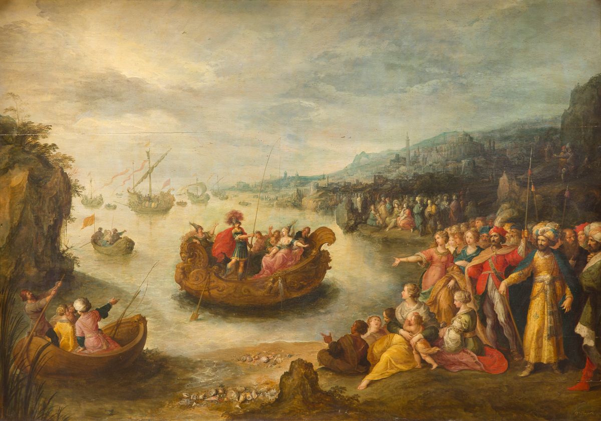 Frans II Francken représente ici un épisode méconnu de la vie d'Antoine et Cléopâtre, tiré des Vies parallèles de Plutarque. En 41 avant Jésus-Christ, trois ans après l'assassinat de César, la rencontre entre la reine d'Égypte et Marc-Antoine, général et triumvir romain, marque le début d'un amour passionnel qui bouleversera l'histoire.