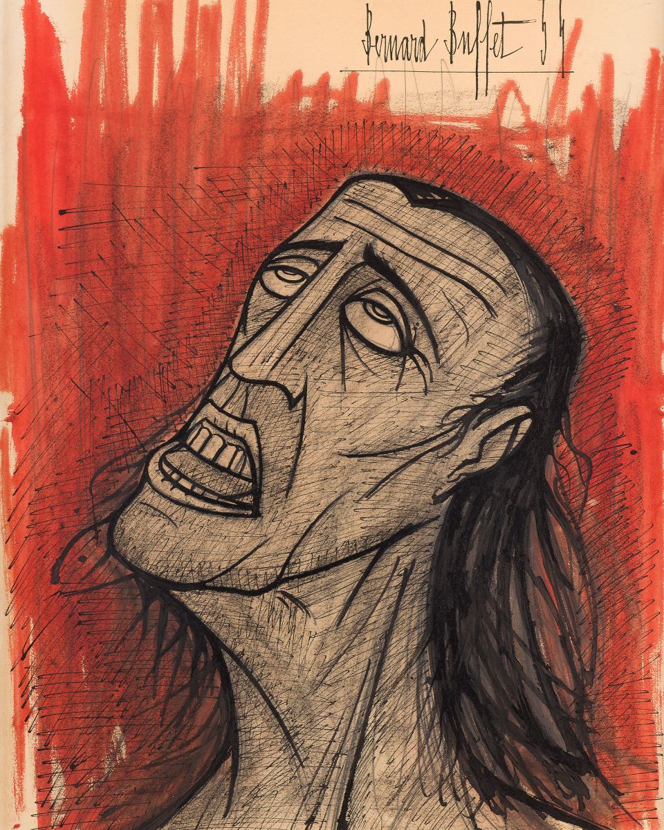 Bernard Buffet compose ses tableaux comme on bâtit une ossature. Chez lui, tout part du dessin : il ne se contente pas de cerner les formes, il structure véritablement l’espace. La ligne noire, ferme et tendue, agit comme une charpente. Elle trace des axes, impose des angles, enferme les volumes. Le trait ne vient pas accompagner la couleur : il la domine.