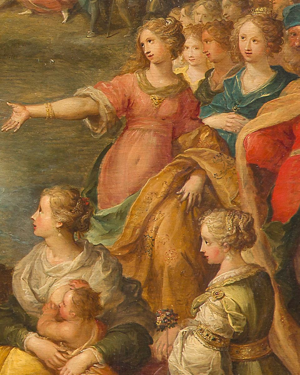 Frans II Francken représente ici un épisode méconnu de la vie d'Antoine et Cléopâtre, tiré des Vies parallèles de Plutarque. En 41 avant Jésus-Christ, trois ans après l'assassinat de César, la rencontre entre la reine d'Égypte et Marc-Antoine, général et triumvir romain, marque le début d'un amour passionnel qui bouleversera l'histoire.