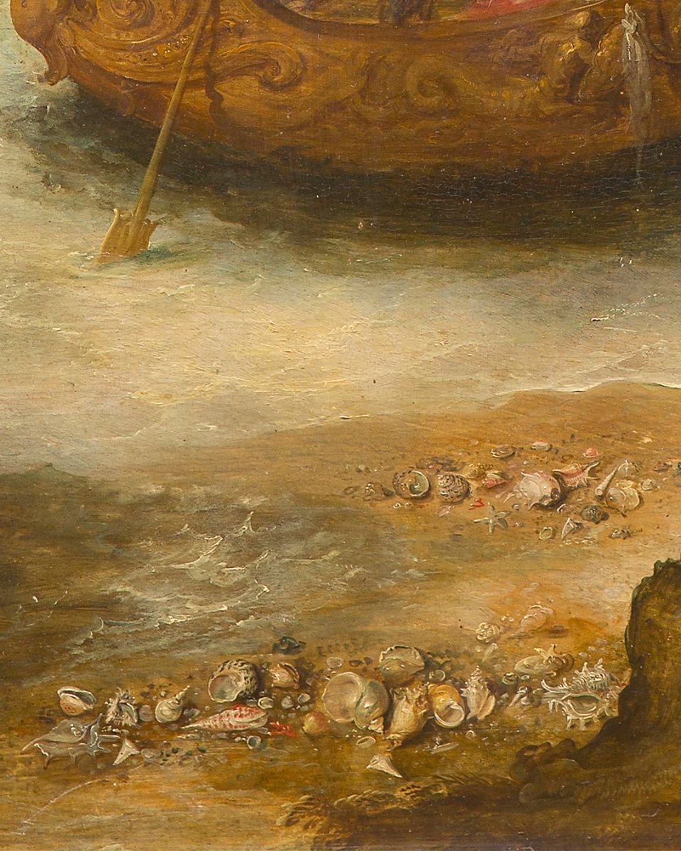 Frans II Francken représente ici un épisode méconnu de la vie d'Antoine et Cléopâtre, tiré des Vies parallèles de Plutarque. En 41 avant Jésus-Christ, trois ans après l'assassinat de César, la rencontre entre la reine d'Égypte et Marc-Antoine, général et triumvir romain, marque le début d'un amour passionnel qui bouleversera l'histoire.