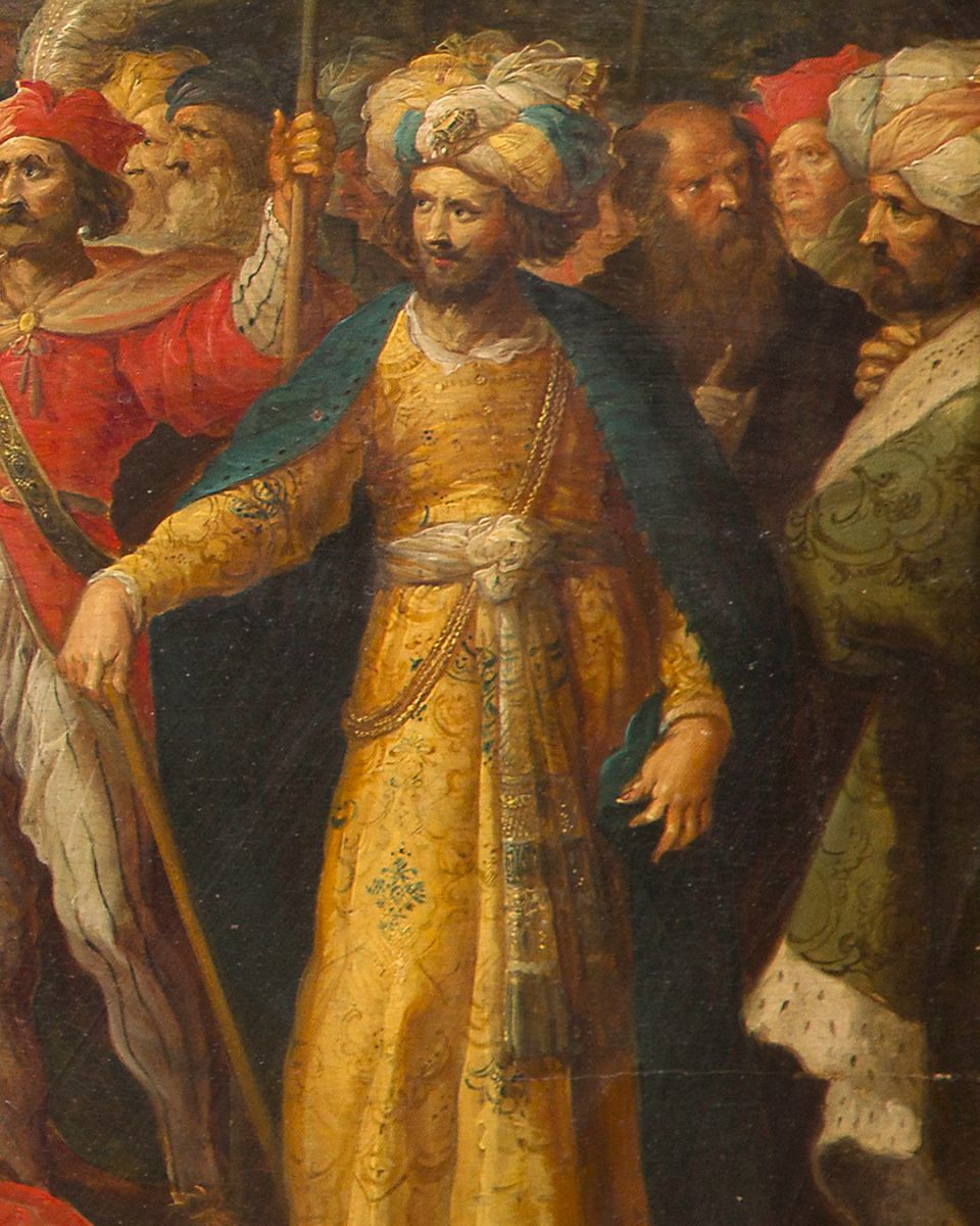 Frans II Francken représente ici un épisode méconnu de la vie d'Antoine et Cléopâtre, tiré des Vies parallèles de Plutarque. En 41 avant Jésus-Christ, trois ans après l'assassinat de César, la rencontre entre la reine d'Égypte et Marc-Antoine, général et triumvir romain, marque le début d'un amour passionnel qui bouleversera l'histoire.