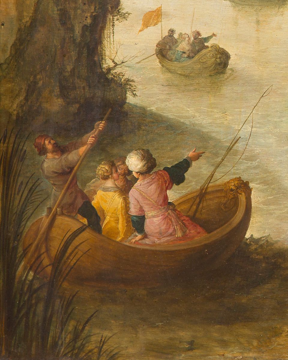 Frans II Francken représente ici un épisode méconnu de la vie d'Antoine et Cléopâtre, tiré des Vies parallèles de Plutarque. En 41 avant Jésus-Christ, trois ans après l'assassinat de César, la rencontre entre la reine d'Égypte et Marc-Antoine, général et triumvir romain, marque le début d'un amour passionnel qui bouleversera l'histoire.