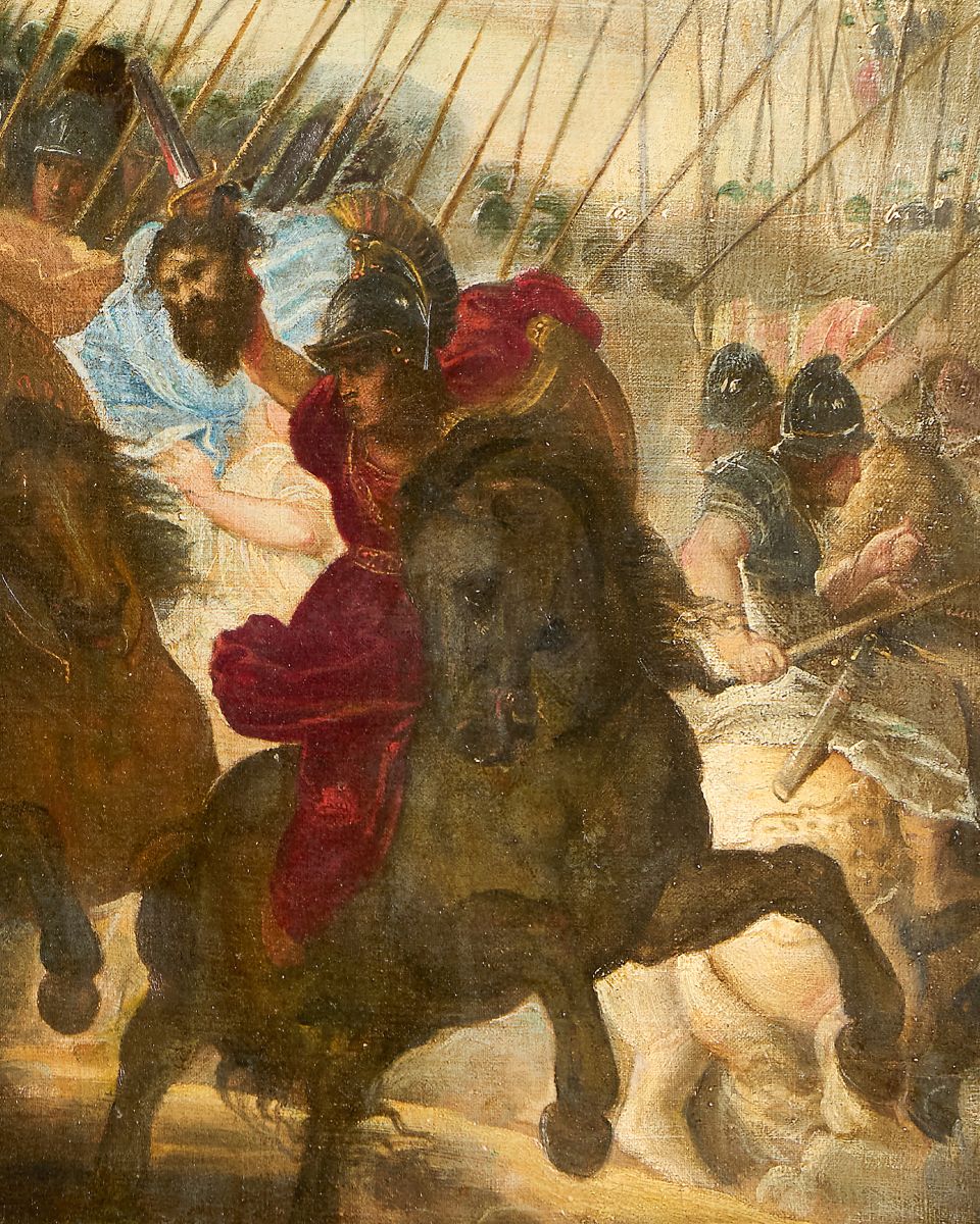 Le peintre exprime une fluidité de mouvement ainsi qu'un enchaînement tourbillonnant des groupes qui appartient pleinement au Baroque dont ce tableau est l'une des premières expressions. Au moment où la plupart des artistes hésitent entre le réalisme de Caravage et le Classicisme des Carrache, Rubens trouve déjà son style personnel qu'il va développer tout au long de sa carrière et qui influencera la peinture européenne pendant des siècles. Chargé d'une mission en Espagne par Vincent de Gonzague, en 1603, Rubens reçoit la commande du Portrait équestre du duc de Lerma (Madrid, musée du Prado), ministre le plus puissant du pays. Rubens n'hésite pas à reprendre les éléments de notre toile : la présence de l'armée dans le lointain, la tenue du maure du cheval, la tête du cheval, les trainées de nuages, de poussière où percent des rayons de lumière.